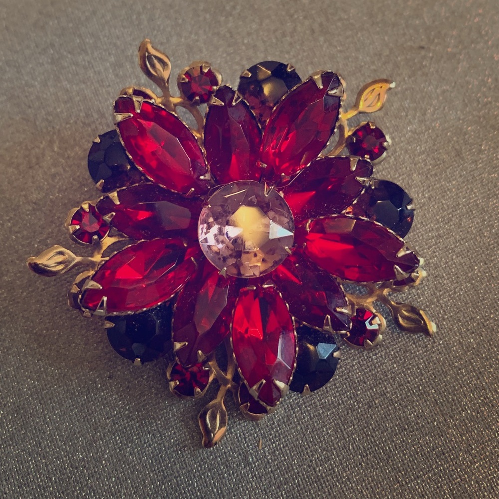 Vintage Mid-Century Red Flower Rhinestone Brooch
